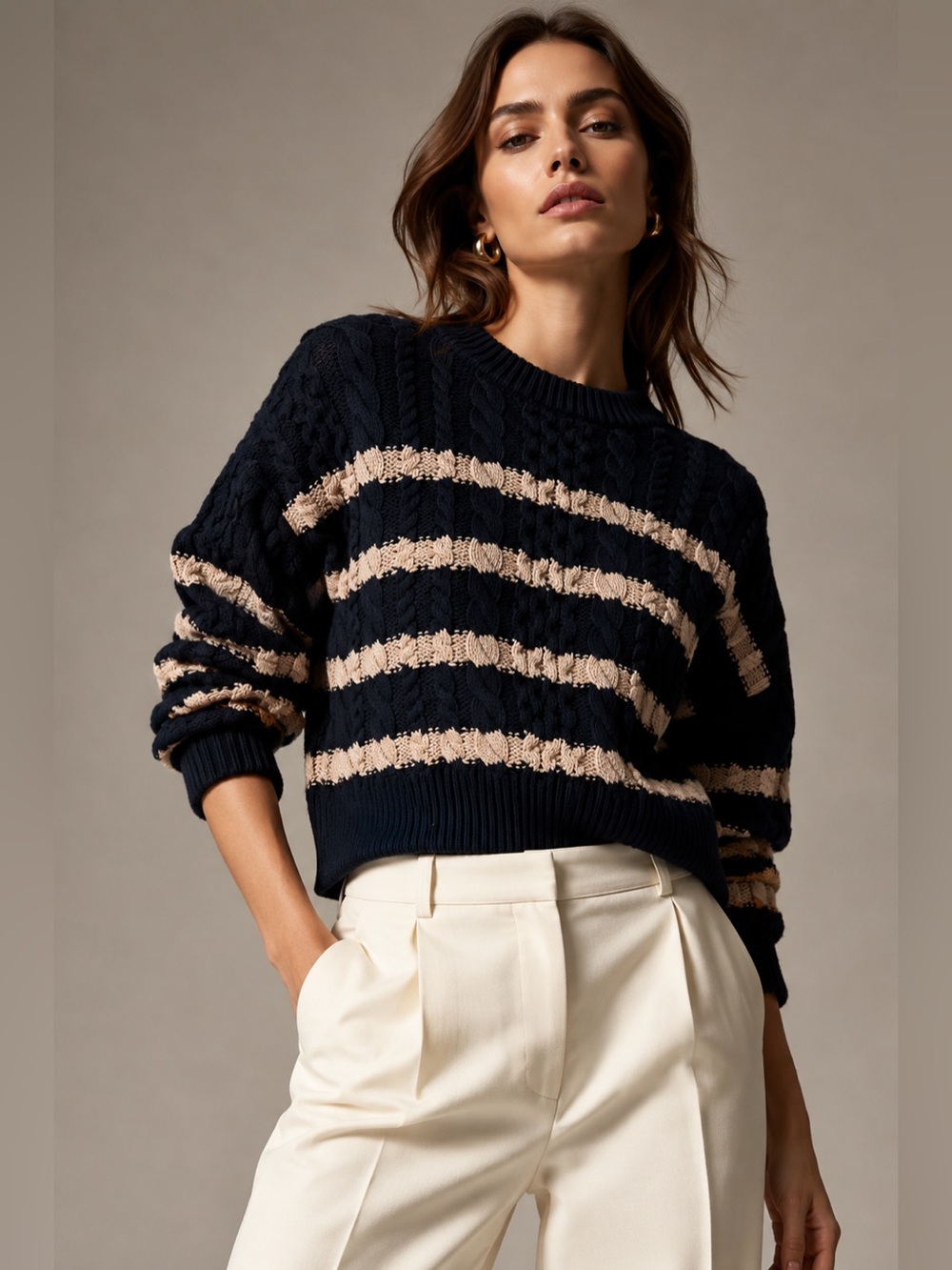 Navy & Cream Striped Cable Knit Crew Sweater Cotton blend Coastal Nautical S
